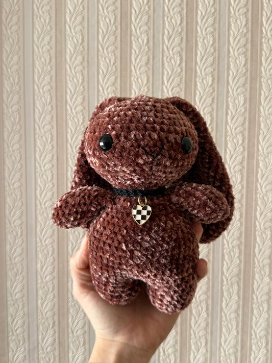 Brown Crochet Bunny with Checkered Heart