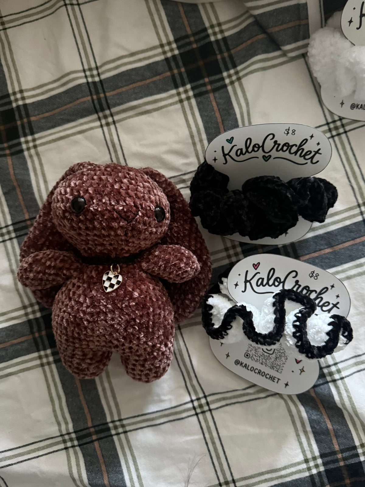 Brown Crochet Bunny with Checkered Heart