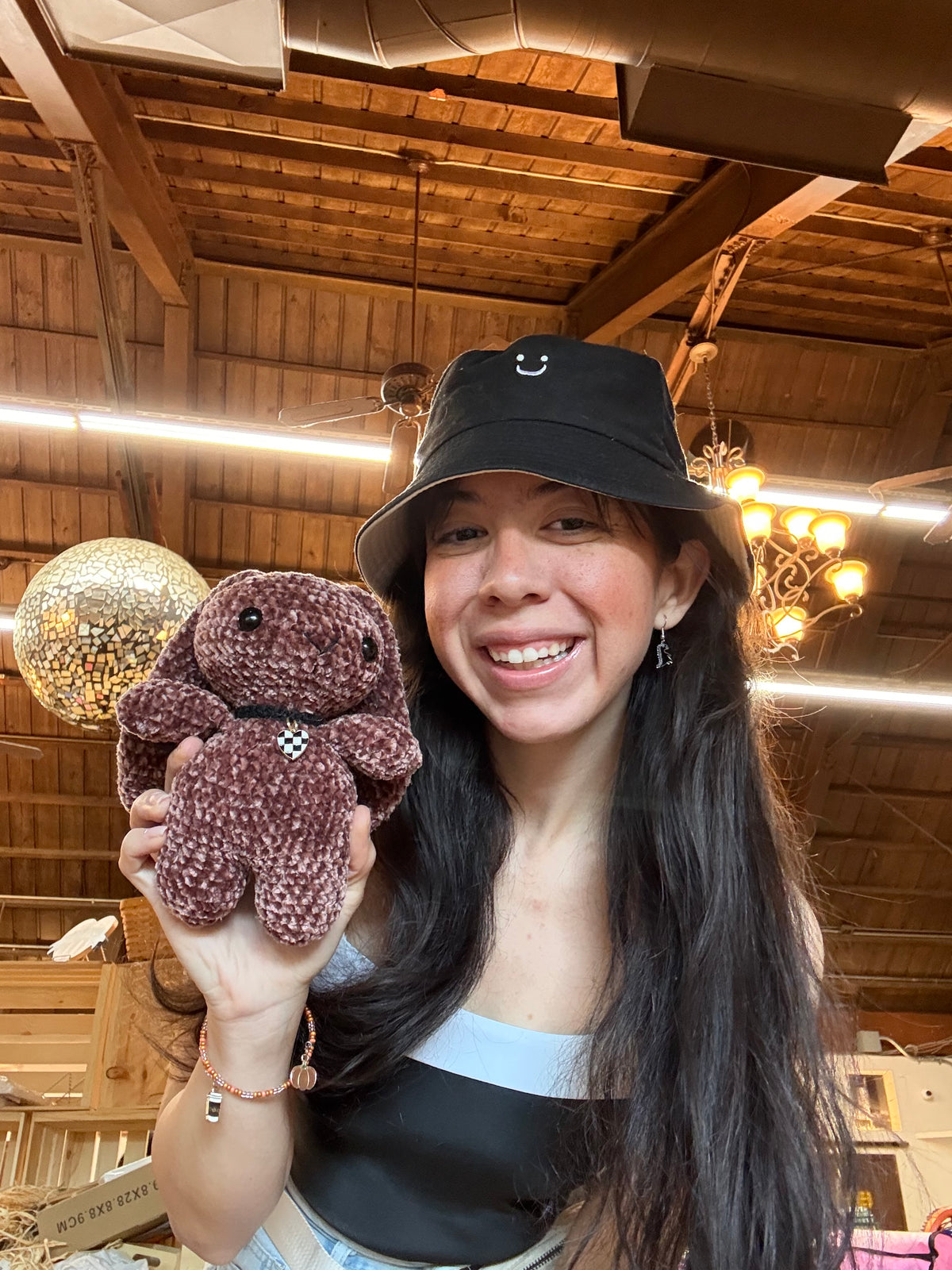 Brown Crochet Bunny with Checkered Heart